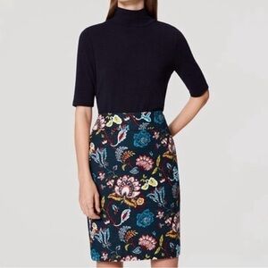 NWT Ann Taylor Loft knee length pencil skirt, deep teal with floral pattern